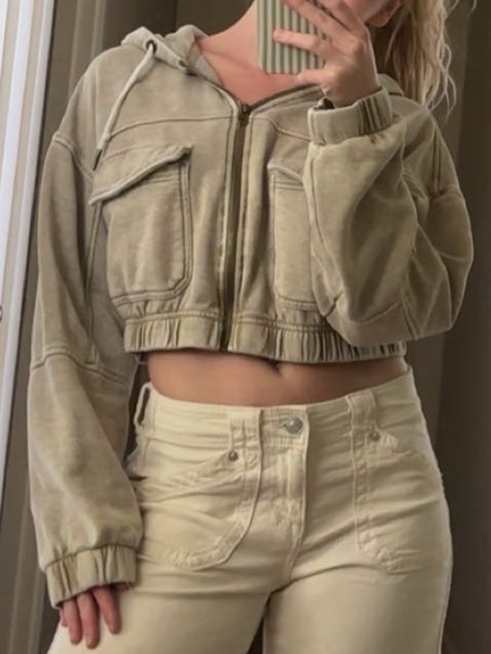 Urban Outfitters Cropped Hooded Bomber Jacket in Light Khaki